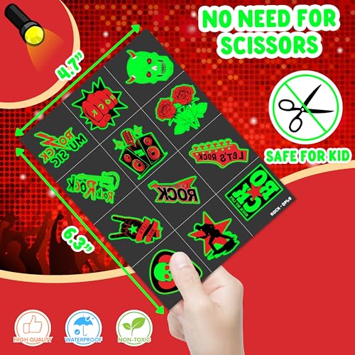 96 PCS Born to Rock and Roll Pre-Cut Luminous Glow in The Dark Temporary Tattoos for Kids | Super Cute Themed Birthday Party Favors Supplies Decorations, Music Fake Tattoos Gifts for Boys Girls