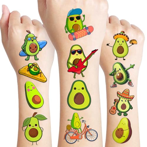 100 PCS Christmas Funny Avocado Temporary Tattoos Sticker Fruit Vegetable Mexican Fiesta Avocado Firts Birthday Party Favors Decorations Supplies Gifts Boys Girls Cute Fake Tattoo School Reward Themed