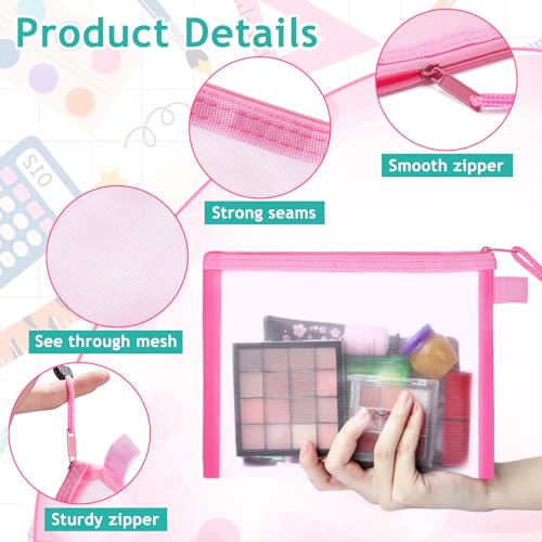 12-Piece Nylon Zipper Pouch Set, Pink Mesh Cosmetic Bags, Zippered Travel & Office Supplies Organizers - A5