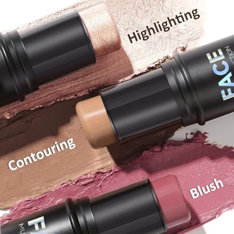 3PCS Cream Contour Stick Set with Brush - Waterproof Highlighter & Blush