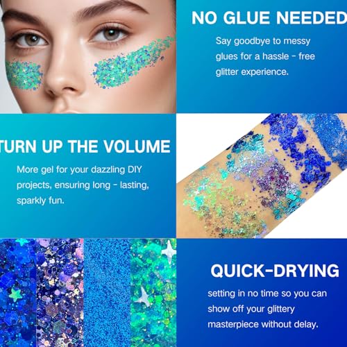 Blue Glitter Gel Set for Hair & Face - 4th of July Makeup