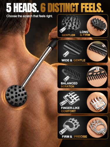 TUKUOS Black Telescoping Back Scratcher with 5 Interchangeable Heads - Gift for Men