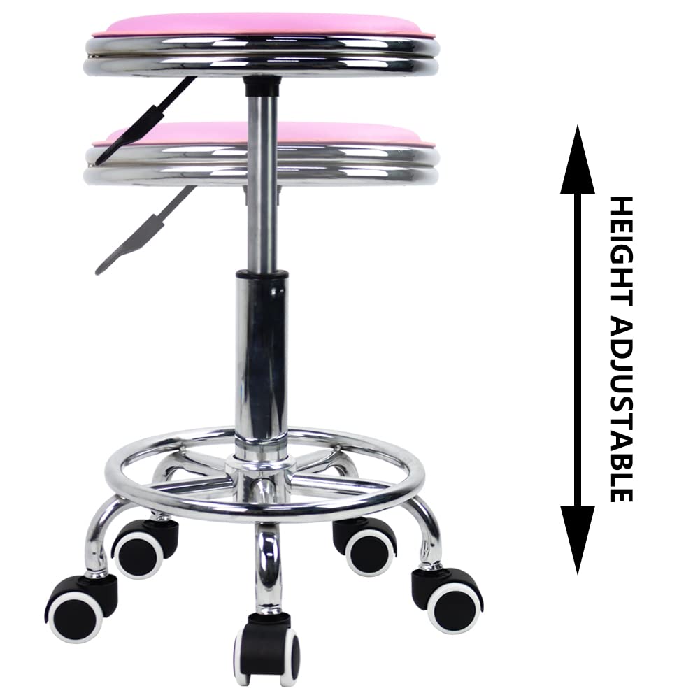 KKTONER Round Rolling Stool with Foot Rest PU Leather Height Adjustment Modern Industrial Metal Style Swivel Spa Salon Tattoo Work Massage Stools Small (Purple Pink)