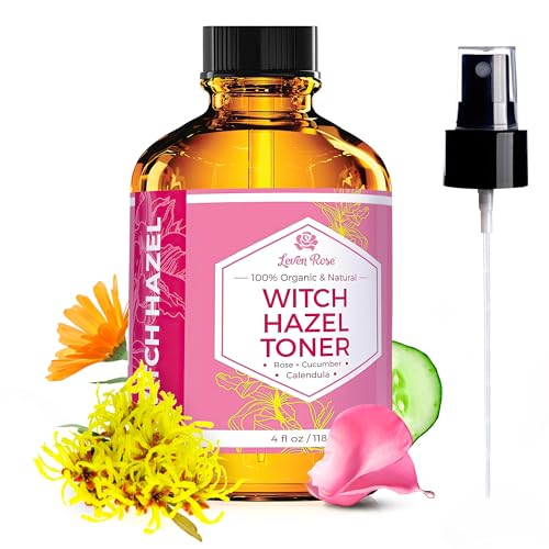 Witch Hazel Alcohol Free Toner by Leven Rose, 100% Pure Organic Facial Rose Water with Rose Petals, Calendula, Cucumber, and Chamomile Flower 4 oz