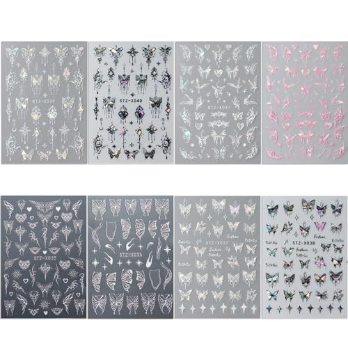 8pcs Metallic Silver Butterfly Nail Stickers 3D Laser Black Butterfly Nail Decals Aurora Butterfly Nail Art Stickers Pink Butterfly Stickers for Nails DIY Butterflies Nail Sticker Women Nail Supplies