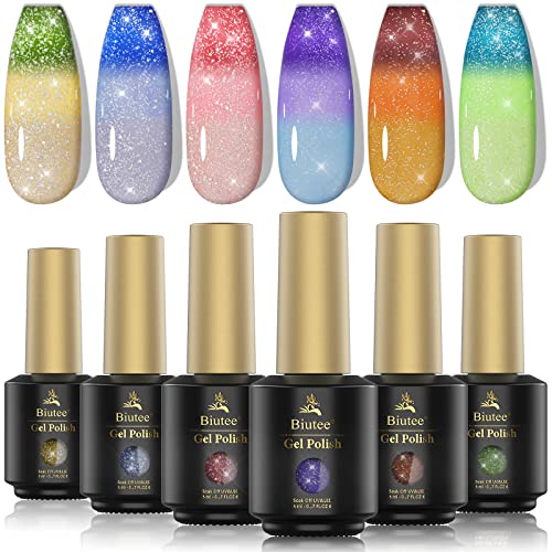 Biutee Glitter Temperature Color Changing Gel Nail Polish Gel Set 6 Colors Temperature Mood Changing Reflective Glitter Gel Polish Soak Off UV LED Nail Polish Set