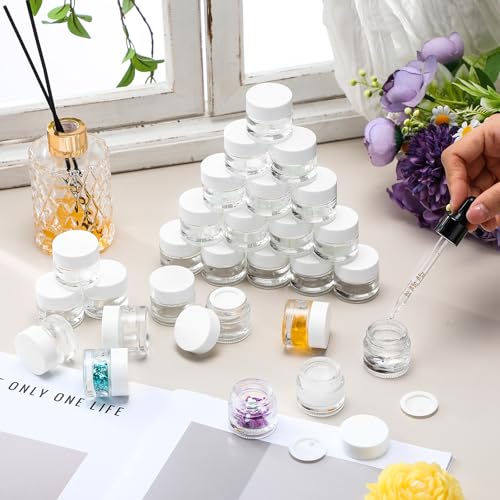 Norme 140 Pack 10ml Glass Cosmetic Jars with Lids, Refillable Sample Containers for Lip Balm, Cream, Lotion, Travel Size, Inner Liner, Wide Mouth(White)