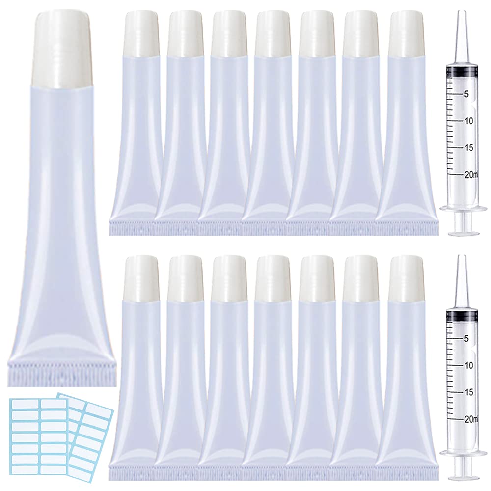 AMORIX 50PCS Lip Gloss Tubes 15ml White Lip Gloss Containers Empty Lip Balm Tubes Refillable Cosmetic Squeeze Lipgloss Tubes + 2 x 20ml Syringes Tag Labels for DIY Lip Gloss Base Glitter