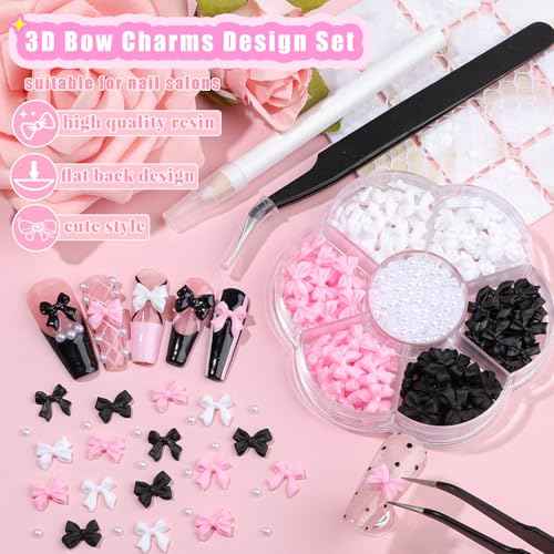 420PCS Bow Nail Charms Kit with Half Pearls, 3D Acrylic Nail Gems Rhinestones, Pickup Tools for Nail Art Design, DIY Crafts, Valentine Gifts