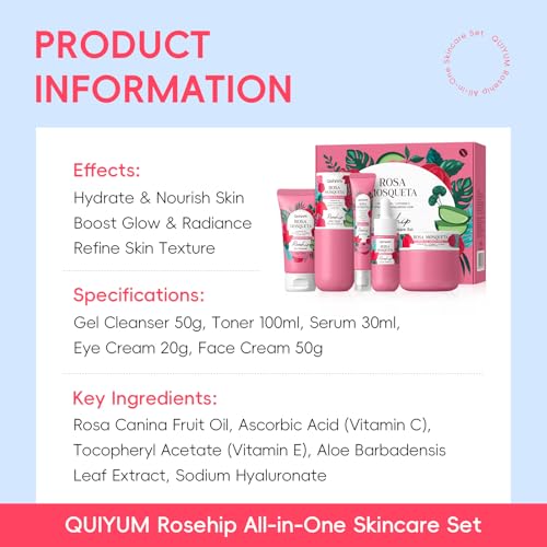 Skin Care Set, with Natural Rosehip Oil, Vit-C & E Skincare Kits 5 Pcs- Restore Skin Elasticity, Refine Texture, Even Tone, Moisturizing, Glowing, for All Skin Types, Mother's Day Birthday Gift