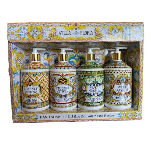 Home and Body Company Hand Soap, Villa Flora Collection ? 16 fl oz Bottles, Assorted Scents (Sea Salt Verbena, Coconut Citrus, Orchid Vanilla, White Jasmine), Pack of 4 ? Gift-Ready Set