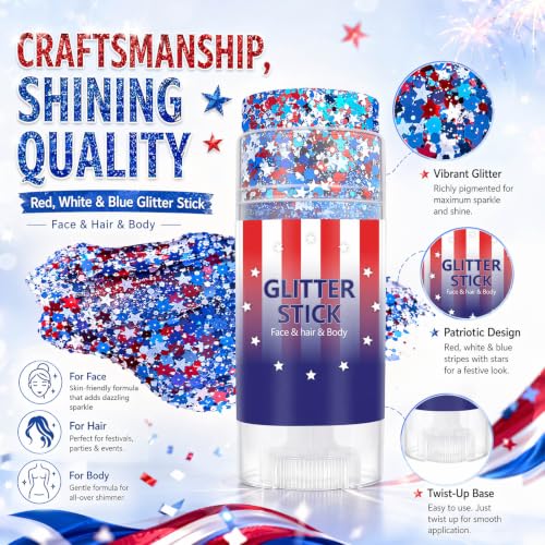 Patriotic Red White and Blue Glitter Stick for Face & Body