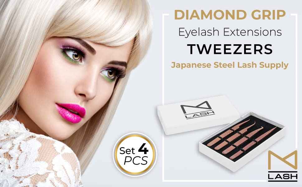 M LASH Tweezers for Eyelash Extensions (Set of 4) - Professional Lash Extension Tweezers - Fiber Tip, Japanese Steel, Diamond Grip Eyelash Extension Tweezer (Leopard)