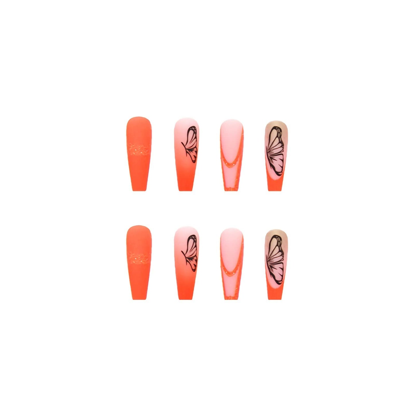 BABALAL Coffin Press on Nails Long Fake Nails Orange Matte Glue on Nails Butterfly Ballerina Acrylic Nails 24Pcs with Summer Nails Designs Full Cover Nails