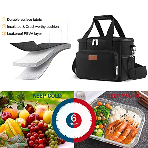 Femuar Lunch Bags for Women/Men, Insulated Lunch Bag for Work Office Picnic - Large Lunch Cooler Bag Leakproof Lunch Box with Adjustable Shoulder Strap for Adults - Black(15L)