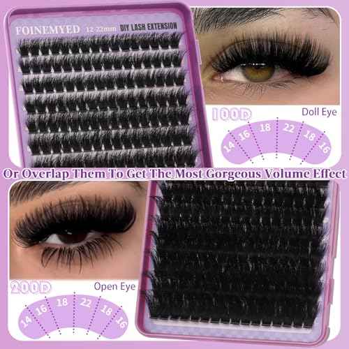 Lash Clusters 100D+200D Thick Volume Eyelash Clusters 12-22mm Long Cluster Lashes Eyelash Extensions Individual Lashes Clusters DIY at Home Eyelashes D Curly Lash Extension by FOINEMYED
