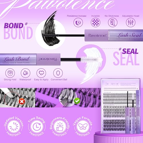 Pawotence Brown Lash Extension Kit Lash Clusters Wispy Invisible Band 10-12mm Individual Lashes Natural Brown Clusters Eyelash Extension Kit with Lash Bond and Seal, Lash Applicator for Self Use