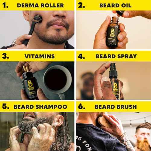 The Beard Club Advanced Beard Growth Kit - Derma Roller, Growth Oil, Vitamins and Vitamin Spray, Shampoo and Boar Bristle Brush - Gift Set - Cedar