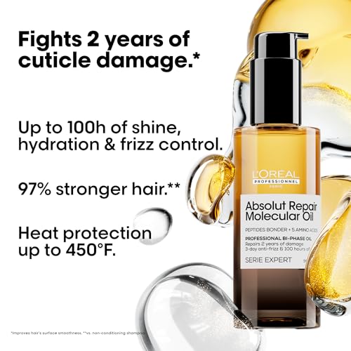 L'Or?al Professionnel Paris Absolut Repair Molecular High Shine Hair Oil ? Lightweight Fast-Absorbing Bi-phase Oil, Repairs 2 Years Hair Damage, 100 Hours Hair Shine, Anti-Frizz