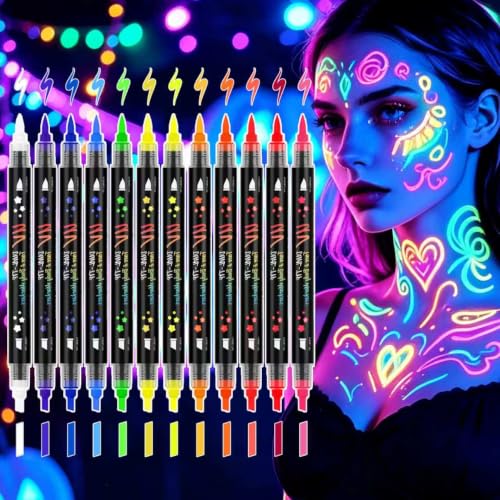 12-Color UV Body Paint Pens - Dual Tip Fluorescent Markers
