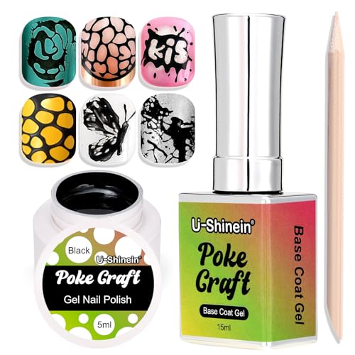 U-Shinein Black Poke Gel Nail Polish Kit with Base Coat & Wood Sticks