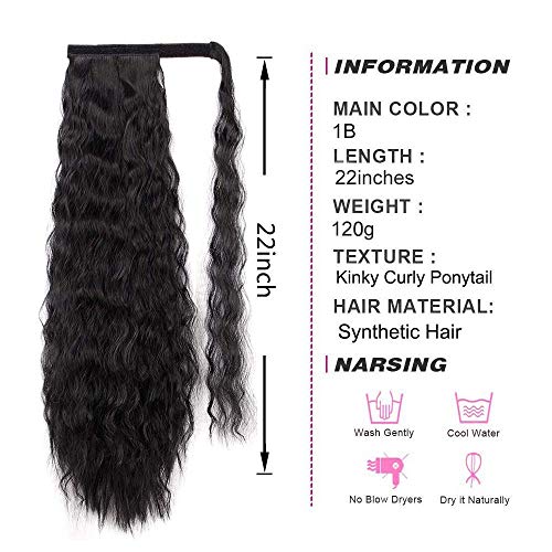 Stamped Glorious Long Corn Wave Ponytail Extension Magic Paste Heat Resistant Wavy Synthetic Wrap Around Ponytail Black Hairpiece for Women (22 Inch, 22 Inch-Black)