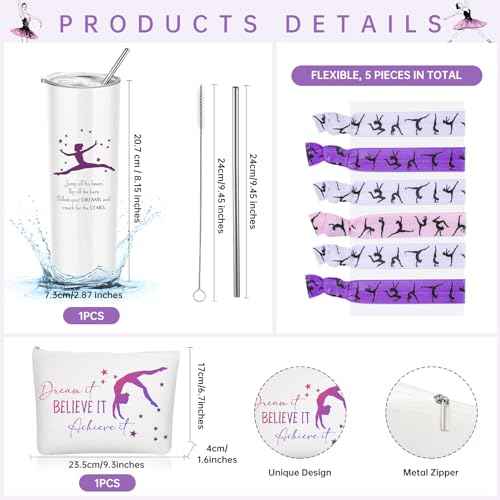 Junkin 3 Pcs Christmas Gymnastics Gifts for Women Include Stainless Steel Tumbler with Straw Makeup Bag Elastics Hair Ties for Gymnastics Lover(Purple)