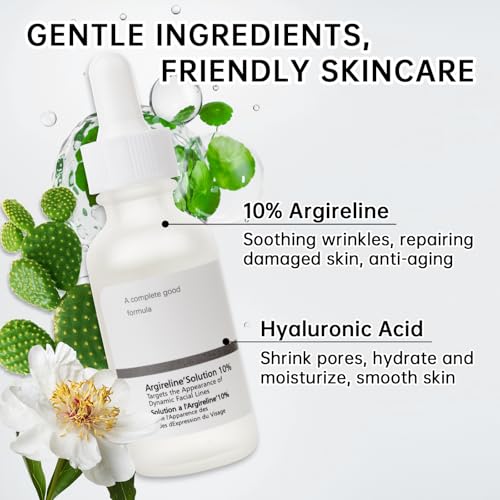 Argireline Serum With Hyaluronic Acid For Fine Lines, Anti Aging Argireline Solution 10 Percent For Dark Spot, 30 ML Anti Wrinkles Multi Peptide Serum For Face, Eye, Neck.