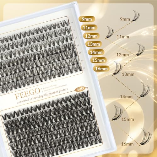 FEEGO Charming Kits 30D+40D D Fluffy Eyelash Extensions Kit, 280pcs Lash Clusters Wispy 9-16mm Applicator for Beginners, Individual Lashes, Lash Bond, Seal Glue, Remover (3040D Charming Kit)