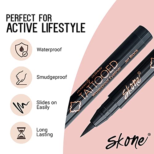 Skone Cosmetics Tattooed Eyeliner & Waterproof Mascara Bundle Duo - Pigmented Liquid Eye Liner & Quality-Smudge Proof Lashes Volumizing Mascara - Black Waterproof Eyeliner and Mascara Set