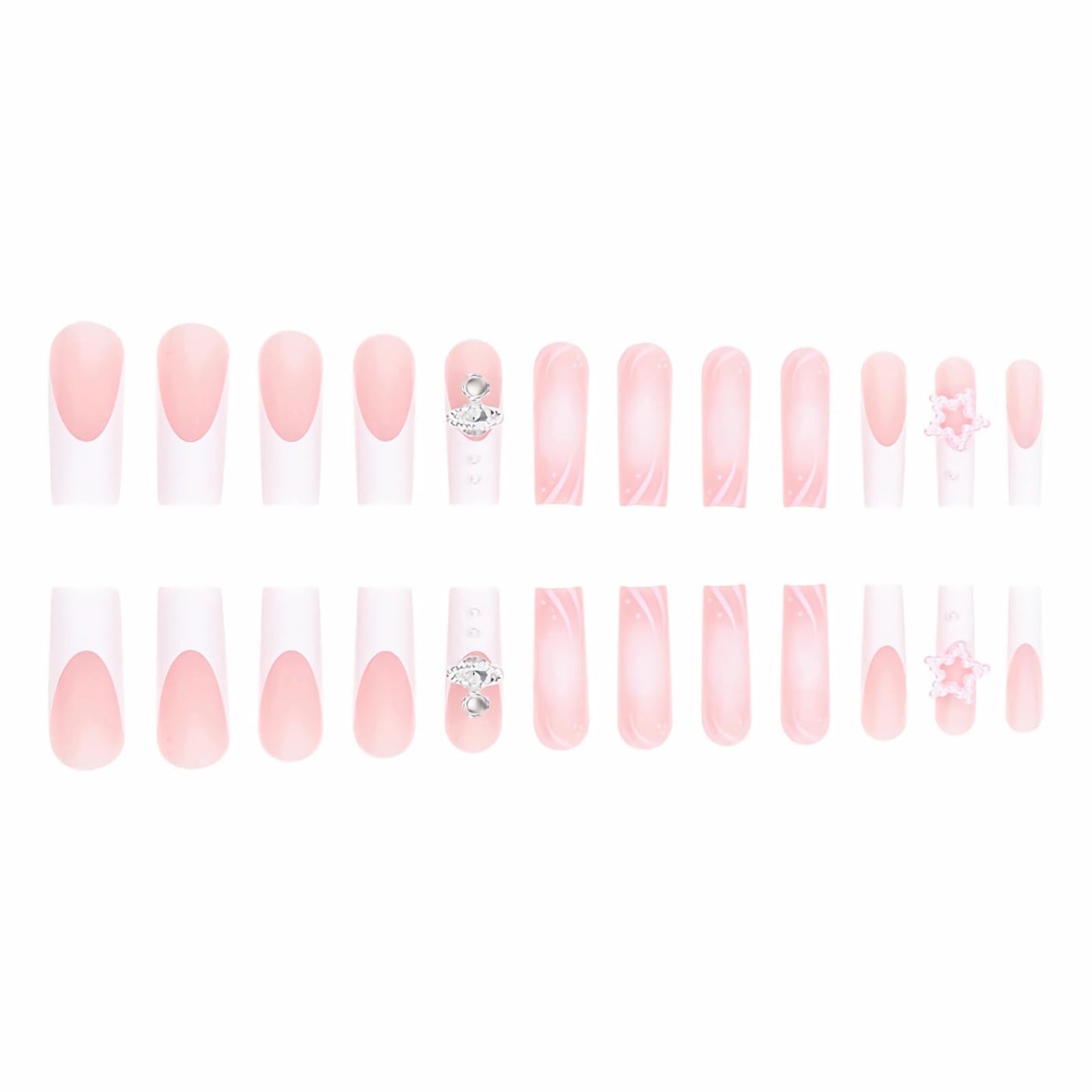 BABALAL French Tip Press on Nails Long Square Fake Nails White Glue on Nails 3d Planet Star Pearl Glitter Charm Shiny Acrylic Nails 24Pcs Squoval Stick on False Nails for Women and Girls