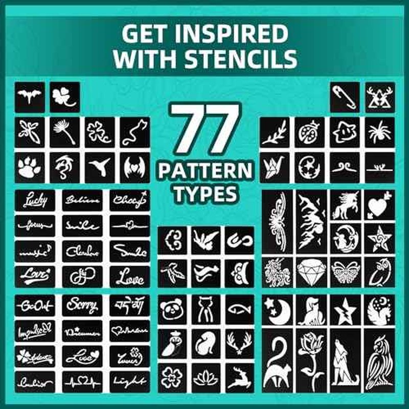 Temporary Tattoo Markers for Skin, 16-Count Body Markers+77 Large Tattoo Stencils of Assorted Colors for kids and Adults, Flexible Brush Tip, Bright colors, Skin-Safe*, Cosmetic-Grade.