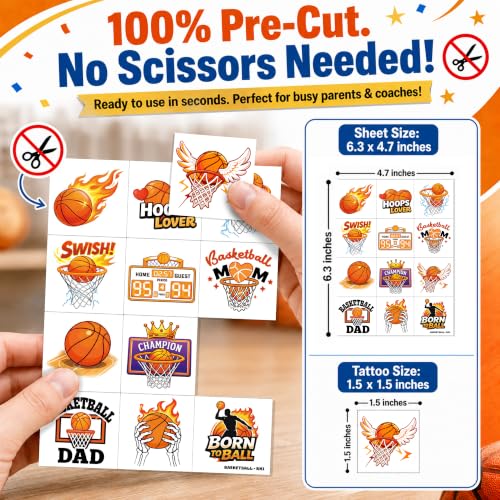 96 Basketball Temporary Tattoos for Kids – Pre-Cut Party Favors