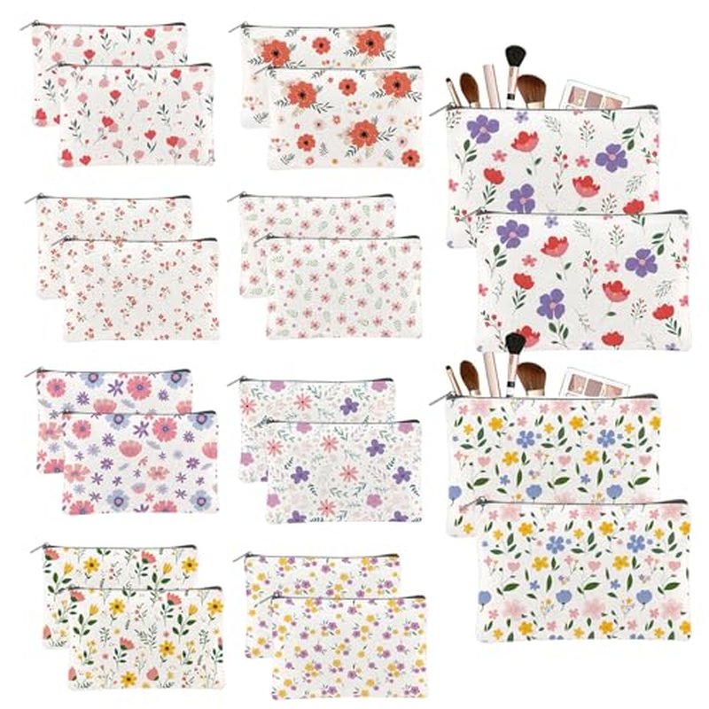 20PCS Flower Canvas Makeup Bags Bulk Floral Cosmetic Bags for Women and Girls Multicolor Travel Pouch Wildflower Canvas Toiletry Bag Bulk Makeup Organizer Bags for Friendgiving Friend Gifts