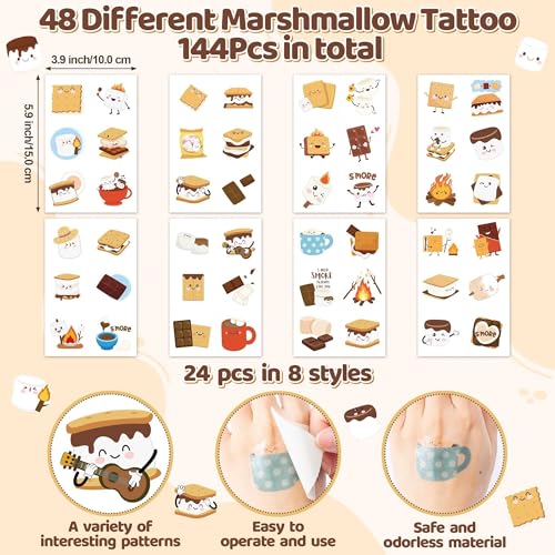 Cute Smores Temporary Tattoos - 144P Marshmallow Temporary Tattoo Stickers for Kids Adults, Valentine's Day Exchange Gifts Cotton Candy Themed Waterproof Decals Party Decorations School Prizes