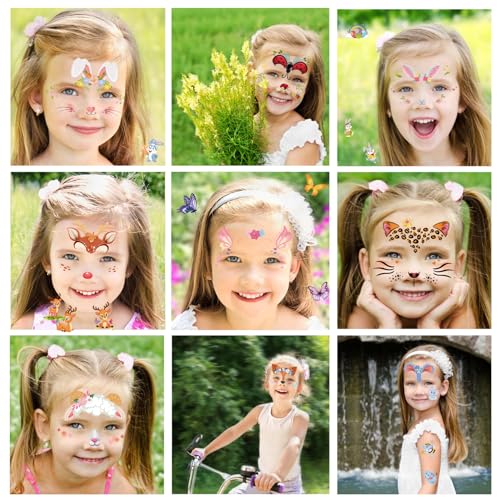 Kids Animal Face Tattoos, 10 Sheets Water Transfer Temporary Tattoos