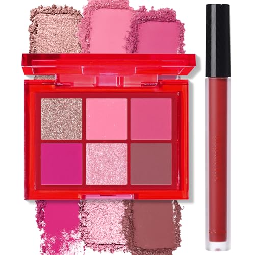 BOBISUKA Eyeshadow + Matte Lipstick Makeup Kit, 6 Colors Pink Rose Plum Shimmer Matte Gold Metallic Eye Shadow Pallet with Red Liquid Lipstick Makeup Set for Halloween, Daily,Parties, Concert