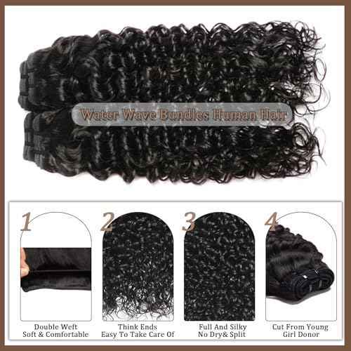 12A Water Wave Human Hair Bundles Wet And Wavy Bundles Human Hair 100% Unprocessed Brazilian Remy Water Wave Curly Bundle Extensions Natural Black Color 18 20 22 Inch