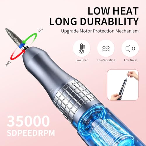 Professional Cordless Nail Drill and UV Light, 35000 RPM Electric Nail File Acrylic Gel Dip Powder Nail Tools, Portable Rechargeable brushless Nail Drill for Home & Travel, Gray(KY-9GJ)