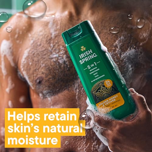 Irish Spring 5 in 1 Moisturizing Body Wash for Men, Shampoo, Conditioner, Body and Face Wash, and 24 Hour Deodorizer, Paraben-Free, Golden Honey & Vetiver Scent, 20 fl oz, 4 Pack