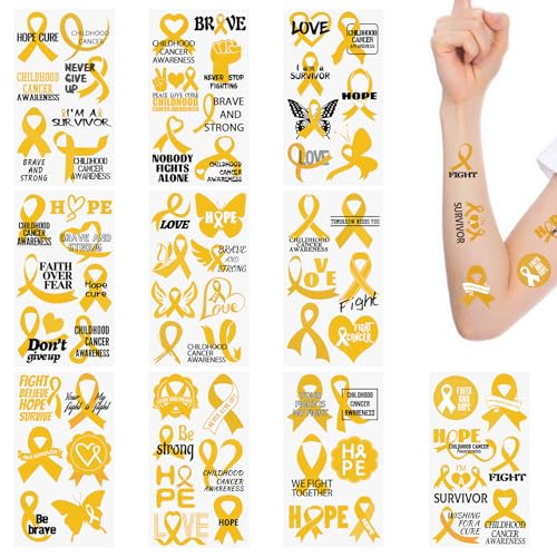 Gold Ribbon Cancer Awareness Temporary Tattoos - 30 Sheets
