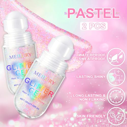 Holographic Roll-On Body Glitter Gel for Face, Hair & Body - 2PCS