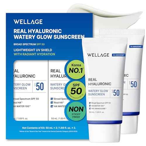 WELLAGE Real Hyaluronic Watery Glow Sunscreen Double Set SPF50 - Broad Spectrum UV Protection with 6 Types Hyaluronic Acid - No White Cast, Makeup Base - K-Beauty Face Sunscreen, 1.69 fl.oz x 2 Pack