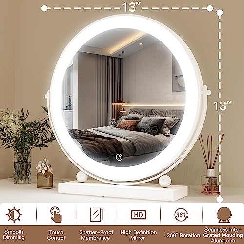 ROLOVE 13 Inch Vanity Mirror with Lights, Round Make Up Mirror with Lighting, LED Mirror Makeup Mirror with Lights for Bedroom Tabletop, Smart Touch Control, 360¡Æ Rotation (White)
