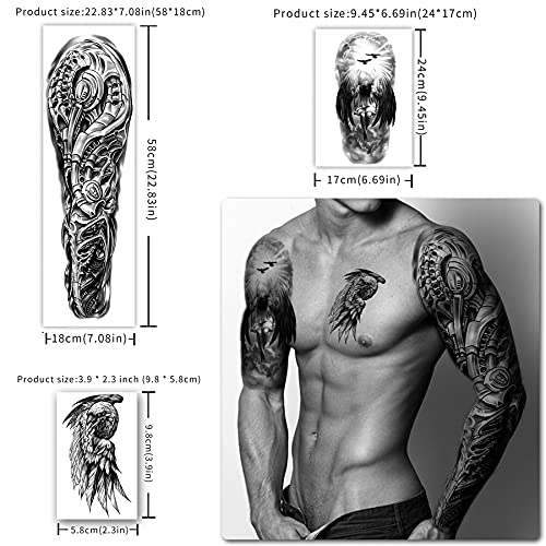 46 sheets Full Arm Skull Temporary Tattoos For Men Half Arm Shoulder Angel Tattoo for Ladies Fake Waterproof Wolf Lion Stone Tattoo Stickers For Adult or Kids