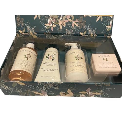 Crabtree & Evelyn Vanilla & Shea Butter Collection Set (Bath & Shower Gel 8.4 fl oz, Hand Therapy 3.5 oz, Body Lotion 8.4 fl oz, Bar Soap 3.5 oz)