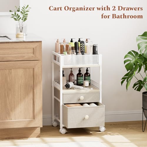 Plaviya White Makeup Organizer Cart for Under Desk Storage, 2 Shelves & Adjustable Dividers