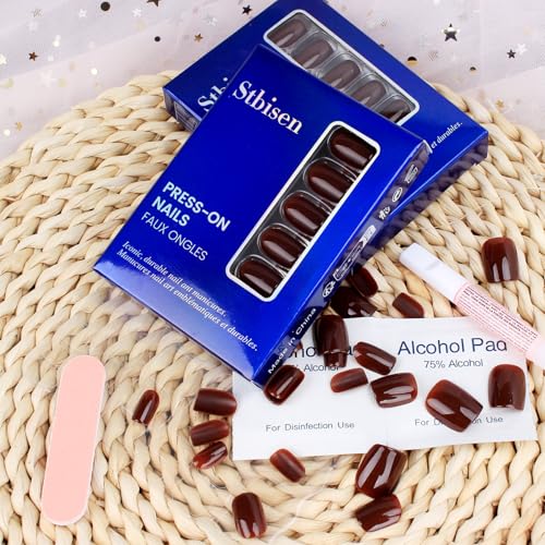Chocolate Brown Short Square Press-On Nails Kit - 30 Pcs