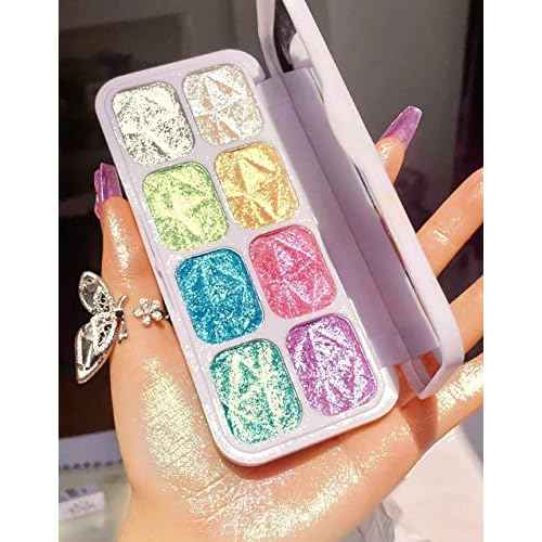 8 Color Face Cheek Highlighter Makeup Palette Shimmer Glitter Iridescent Multichrome Holographic Eyeshadow Palette Purple Rainbow Glitter Highlighter Makeup Highlight and Contour Chrome Eye Make up