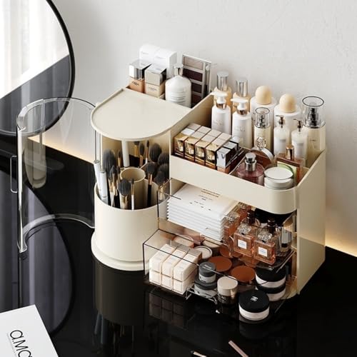 Large Cosmetic Organizer with Rotating Brush Holder & Drawers